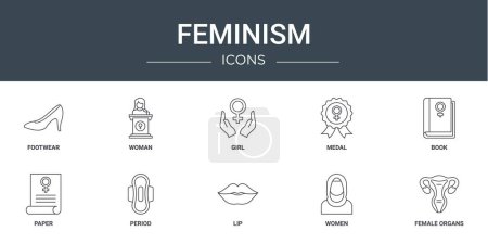 Illustration for Set of 10 outline web feminism icons such as footwear, woman, girl, medal, book, paper, period vector icons for report, presentation, diagram, web design, mobile app - Royalty Free Image