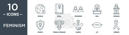 Illustration for Feminism outline icon set includes thin line world, book, feminism, girl, woman, shield, female organs icons for report, presentation, diagram, web design - Royalty Free Image