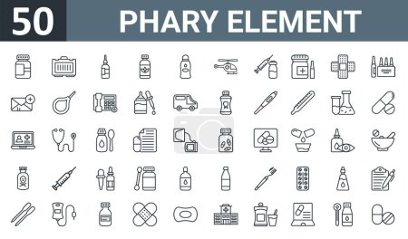 set of 50 outline web phary element icons such as pills, medical kit, eye drop, pills, eye drop, helicopter, pills vector thin icons for report, presentation, diagram, web design, mobile app.