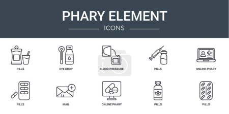 set of 10 outline web phary element icons such as pills, eye drop, blood pressure, pills, online phary, pills, mail vector icons for report, presentation, diagram, web design, mobile app