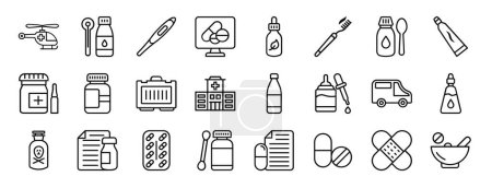 set of 24 outline web phary element icons such as helicopter, eye drop, thermometer, online phary, eye drop, toothbrush, syrup vector icons for report, presentation, diagram, web design, mobile app