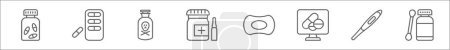 outline set of phary element line icons. linear vector icons such as pills, pills, pills, soap, online phary, thermometer,
