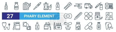 set of 27 outline web phary element icons such as eye drop, pills, medical report, helicopter, thermometer, pills, pills, dental care vector thin line icons for web design, mobile app.