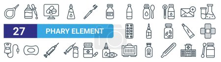 set of 27 outline web phary element icons such as otoscope, pills, online phary, syrup, eye drop, soap, medical kit, pills vector thin line icons for web design, mobile app.