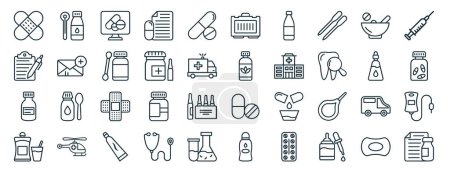 Set von 40 umrissenen Web phary element-Symbole wie Augentropfen, medizinische Berichte, Pillen, Pillen, Augentropfen, Injektionen, medizinische Kit-Symbole für Bericht, Präsentation, Diagramm, Web-Design, mobile App