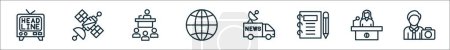 outline set of news and media line icons. linear vector icons such as headline, satellite, press conference, globe, van, notebook, press secretary, cameraman