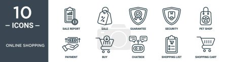 ensemble d'icônes de contour d'achat en ligne comprend rapport de vente en ligne mince, vente, garantie, sécurité, animalerie, paiement, acheter des icônes pour rapport, présentation, diagramme, conception web