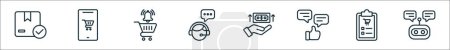 Ilustración de Esquema conjunto de iconos de línea de compras en línea. iconos vectoriales lineales como stock, tienda en línea, campana de notificación, call center, pago, retroalimentación, lista de compras, chatbox - Imagen libre de derechos
