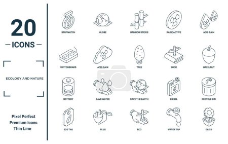 ecology and nature linear icon set. includes thin line stopwatch, switchboard, battery, eco tag, daisy, tree, recycle bin icons for report, presentation, diagram, web design
