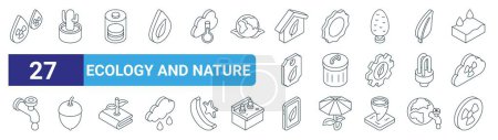 set of 27 outline web ecology and nature icons such as acid rain, cactus, battery, sun, recycle bin, hazelnut, mobile, radioactive vector thin line icons for web design, mobile app.