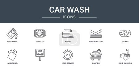 Téléchargez les illustrations : Jeu de 10 icônes de lavage de voiture web telles que changement d'huile, papillon des gaz, brosse, imperméable, éponge, serviette à main, icônes vectorielles pour rapport, présentation, diagramme, conception Web, application mobile - en licence libre de droit