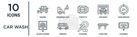 car wash outline icon set such as thin line waxing, throttle, hour service, minivan, foam gun, cleaning, glass cleaner icons for report, presentation, diagram, web design