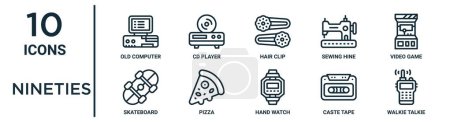 nineties outline icon set such as thin line old computer, hair clip, video game, pizza, caste tape, walkie talkie, skateboard icons for report, presentation, diagram, web design