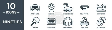 Neunziger Jahre Outline-Icon-Set umfasst dünne Linie Musikband, Webcam, Rollschuhe, Gürteltasche, Nähmaschine, Lutscher, Kastenband-Icons für Bericht, Präsentation, Diagramm, Webdesign