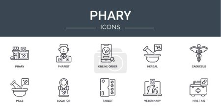 set of 10 outline web phary icons such as phary, pharist, online order, herbal, caduceus, pills, location vector icons for report, presentation, diagram, web design, mobile app