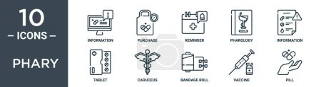 Illustration for Phary outline icon set includes thin line information, purchase, reminder, pharology, information, tablet, caduceus icons for report, presentation, diagram, web design - Royalty Free Image