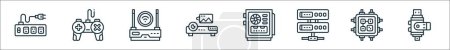 outline set of computer and hardware line icons. linear vector icons such as power strip, gamepad, wireless router, projector device, computer, server, processor, flashdrive