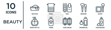 conjunto de iconos de esquema de belleza como bañera de línea delgada, uñas, rubor, tóner, gel de ducha, mousse de pelo, iconos de botella de aerosol para el informe, presentación, diagrama, diseño web