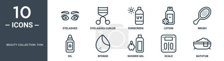 beauty collection. thin outline icon set includes thin line eyelashes, eyelashes curler, sunscreen, lotion, brush, oil, sponge icons for report, presentation, diagram, web design