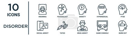 disorder outline icon set such as thin line insomnia, anxiety, ptsd, tatoo, game console, burn out, social addict icons for report, presentation, diagram, web design