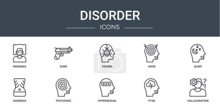 set of 10 outline web disorder icons such as insomnia, guns, phobia, adhd, sleep, anorexia, psychosis vector icons for report, presentation, diagram, web design, mobile app
