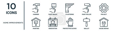Illustration for Home improvements outline icon set such as thin line hammer, plastering, project, renovation, mallet, house repair, painting icons for report, presentation, diagram, web design - Royalty Free Image