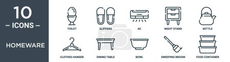 Homeware Umriss Symbol-Set umfasst dünne Linie Toilette, Hausschuhe, AC, Nachttisch, Wasserkocher, Kleiderbügel, Esstisch Symbole für Bericht, Präsentation, Diagramm, Web-Design