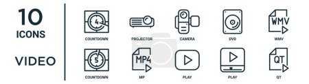jeu d'icônes de contour vidéo tels que compte à rebours de ligne mince, caméra, wmv, mp, lecture, qt, icônes de compte à rebours pour rapport, présentation, diagramme, conception Web