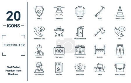 firefighter linear icon set. includes thin line shield, emergency call, fireman, fire location, water bucket, fire extinguisher, pants icons for report, presentation, diagram, web design