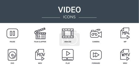 jeu de 10 icônes vidéo web telles que pause, clappeur de film, analogique, appareil photo, mp, dvd, icônes vectorielles mobiles pour rapport, présentation, diagramme, conception Web, application mobile