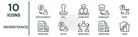 inheritance outline icon set such as thin line cryptocurrency, inheritance, debts, dollar, inheritance, divide, icons for report, presentation, diagram, web design