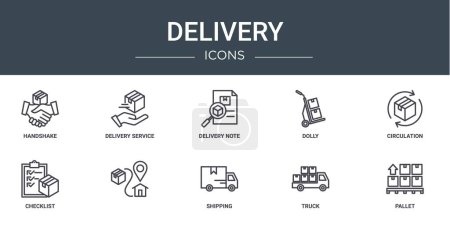 set of 10 outline web delivery icons such as handshake, delivery service, delivery note, dolly, circulation, checklist, vector icons for report, presentation, diagram, web design, mobile app