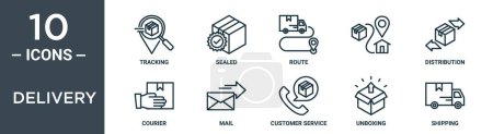 conjunto de iconos de esquema de entrega incluye seguimiento de línea delgada, sellado, ruta, distribución, mensajero, iconos de correo para el informe, presentación, diagrama, diseño web