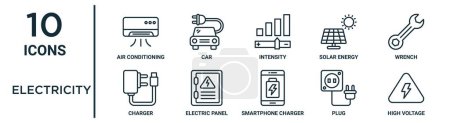 electricity outline icon set such as thin line air conditioning, intensity, wrench, electric panel, plug, high voltage, charger icons for report, presentation, diagram, web design