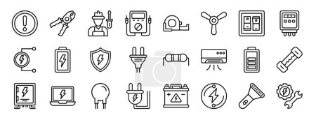set of 24 outline web electricity icons such as danger, pliers, electrician, multimeter, measurement, fan, light switch vector icons for report, presentation, diagram, web design, mobile app