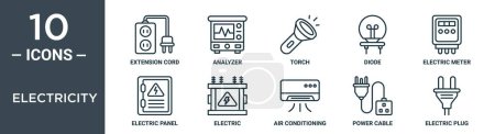 El conjunto de iconos de contorno de electricidad incluye cable de extensión de línea delgada, analizador, antorcha, diodo, medidor eléctrico, panel eléctrico, iconos eléctricos para informe, presentación, diagrama, diseño web