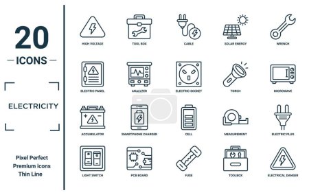 electricity linear icon set. includes thin line high voltage, electric panel, accumulator, light switch, electrical danger, electric socket, electric plug icons for report, presentation, diagram,