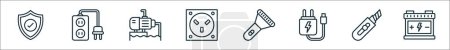 outline set of electricity line icons. linear vector icons such as protect, extension cord, resistor, electric socket, torch, adapter, cutter, car battery