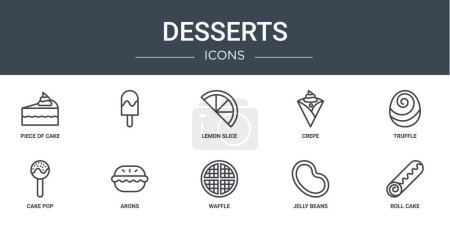 Illustration for Set of 10 outline web desserts icons such as piece of cake, , lemon slice, crepe, truffle, cake pop, arons vector icons for report, presentation, diagram, web design, mobile app - Royalty Free Image