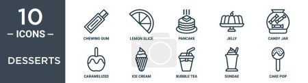 desserts outline icon set includes thin line chewing gum, lemon slice, pancake, jelly, candy jar, caramelized, ice cream icons for report, presentation, diagram, web design