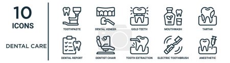 dental care outline icon set such as thin line toothpaste, gold teeth, tartar, dentist chair, electric toothbrush, anesthetic, dental report icons for report, presentation, diagram, web design