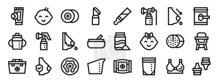 Satz von 24 umrissenen Webstilsymbolen wie Brustwarze, Baby, Brustwarze, Brustpumpe, Muttermilch, Brustpumpe, Milchvektorsymbole für Bericht, Präsentation, Diagramm, Webdesign, mobile App
