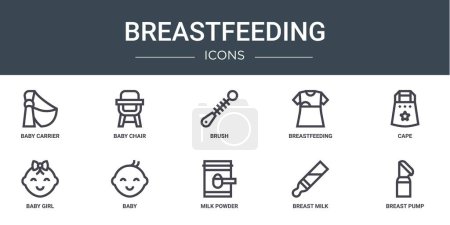 set of 10 outline web breastfeeding icons such as baby carrier, baby chair, brush, breastfeeding, cape, baby girl, vector icons for report, presentation, diagram, web design, mobile app
