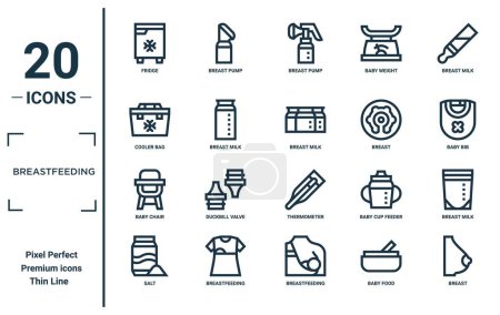 Stillen linearen Symbolsatz. enthält Dünnschichtkühlschrank, Kühltasche, Babystuhl, Salz, Brust, Muttermilch, Muttermilch-Symbole für Bericht, Präsentation, Diagramm, Webdesign