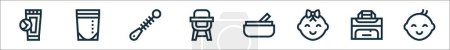 outline set of breastfeeding line icons. linear vector icons such as nipple, breast milk, brush, baby chair, baby food, baby girl, cooler bag,