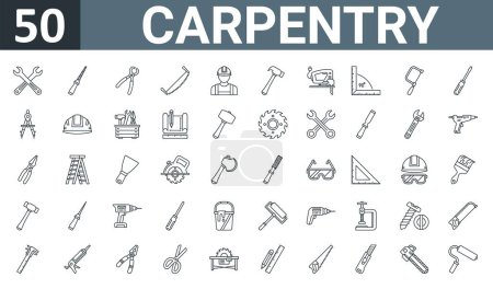 set of 50 outline web carpentry icons such as wrench, rasp, pliers, two handed saw, builder, hammer, jigsaws vector thin icons for report, presentation, diagram, web design, mobile app.