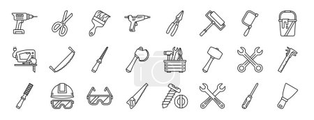 set of 24 outline web carpentry icons such as hand drill, scissors, paint brush, glue gun, pliers, paint roller, fretsaw vector icons for report, presentation, diagram, web design, mobile app