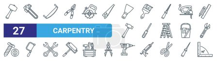 set of 27 outline web carpentry icons such as mallet, chainsaw, two handed saw, paint brush, screwdriver, fretsaw, hand drill, try square vector thin line icons for web design, mobile app.
