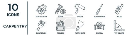 carpentry outline icon set such as thin line electric saw, roller, ruler, toolbox, sawmill, try square, paint brush icons for report, presentation, diagram, web design
