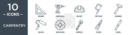 carpentry outline icon set includes thin line square, hand drill, helmet, fretsaw, hammer, roller, saw blade icons for report, presentation, diagram, web design